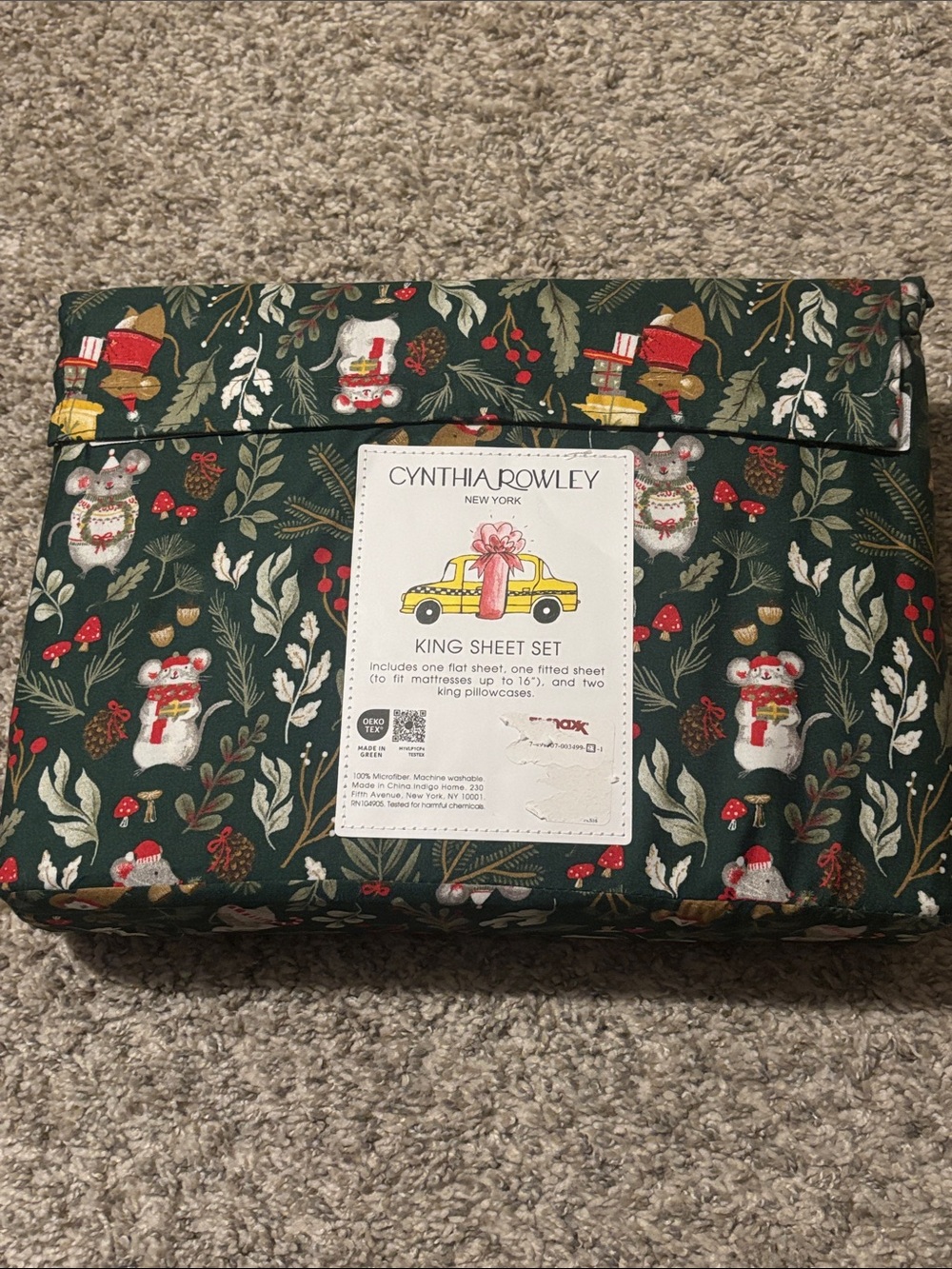 NWT Cynthia Rowley Green Holiday Mouse Christmas King Sheet Set